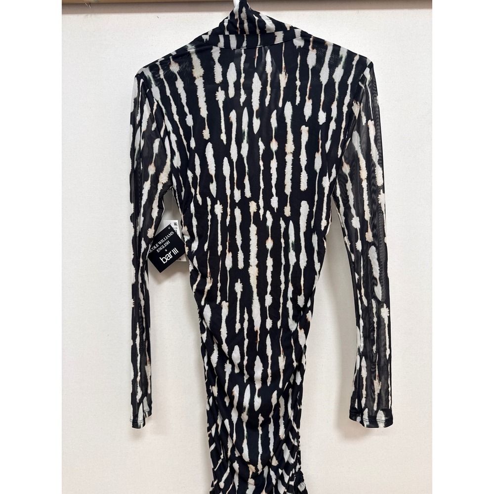 Nicole Williams English x Bar III Ruched Mesh Mini Dress Black White Print S